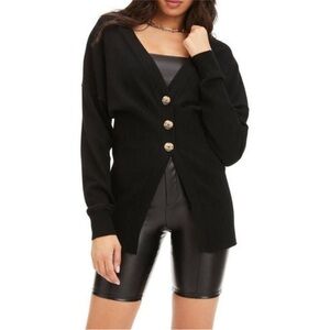 Good American Black Knit Waisted Cardigan Sweater
